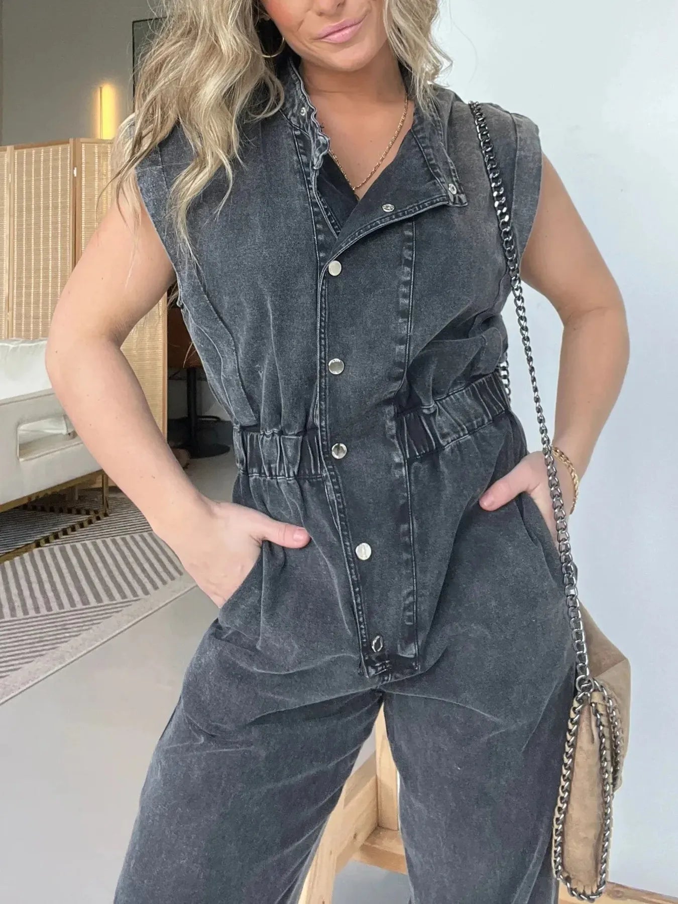 Full Size Button Front Cap Sleeve Denim Jumpsuit Plus Size - kinko