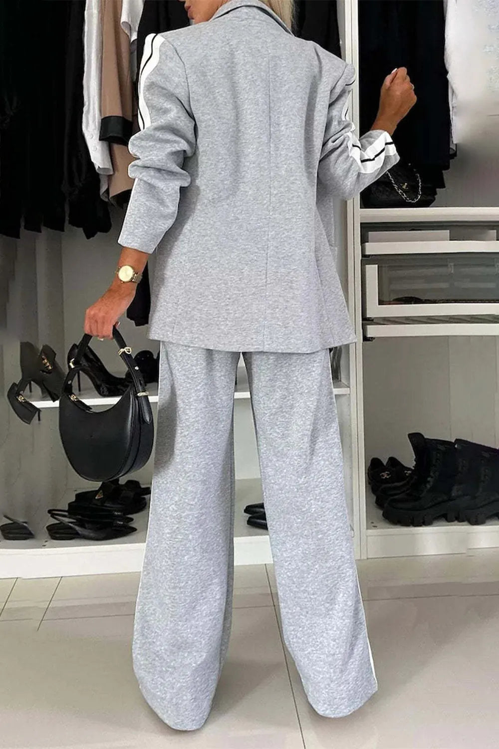Full Size Contrast Lapel Collar Top and Pants Set - kinko
