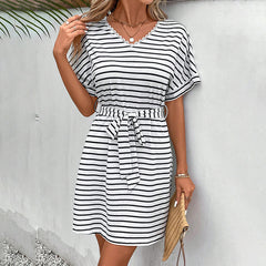 Womens Summer Short Sleeve Striped Dress Casual Tie Waist Midi Dresses - kinko