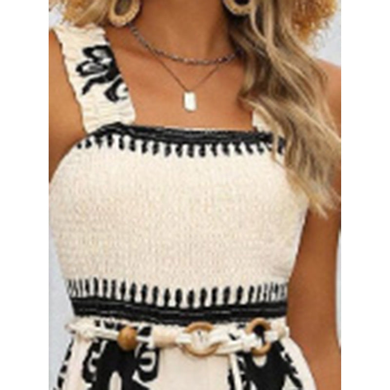Women's Summer Boho Jumpsuits One Piece Beach Vacation Outfits Shirred Strap Wide Leg Pants Rompers With Pockets - kinko