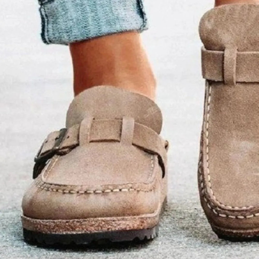 Round Toe Low Heel Buckle Loafers - kinko