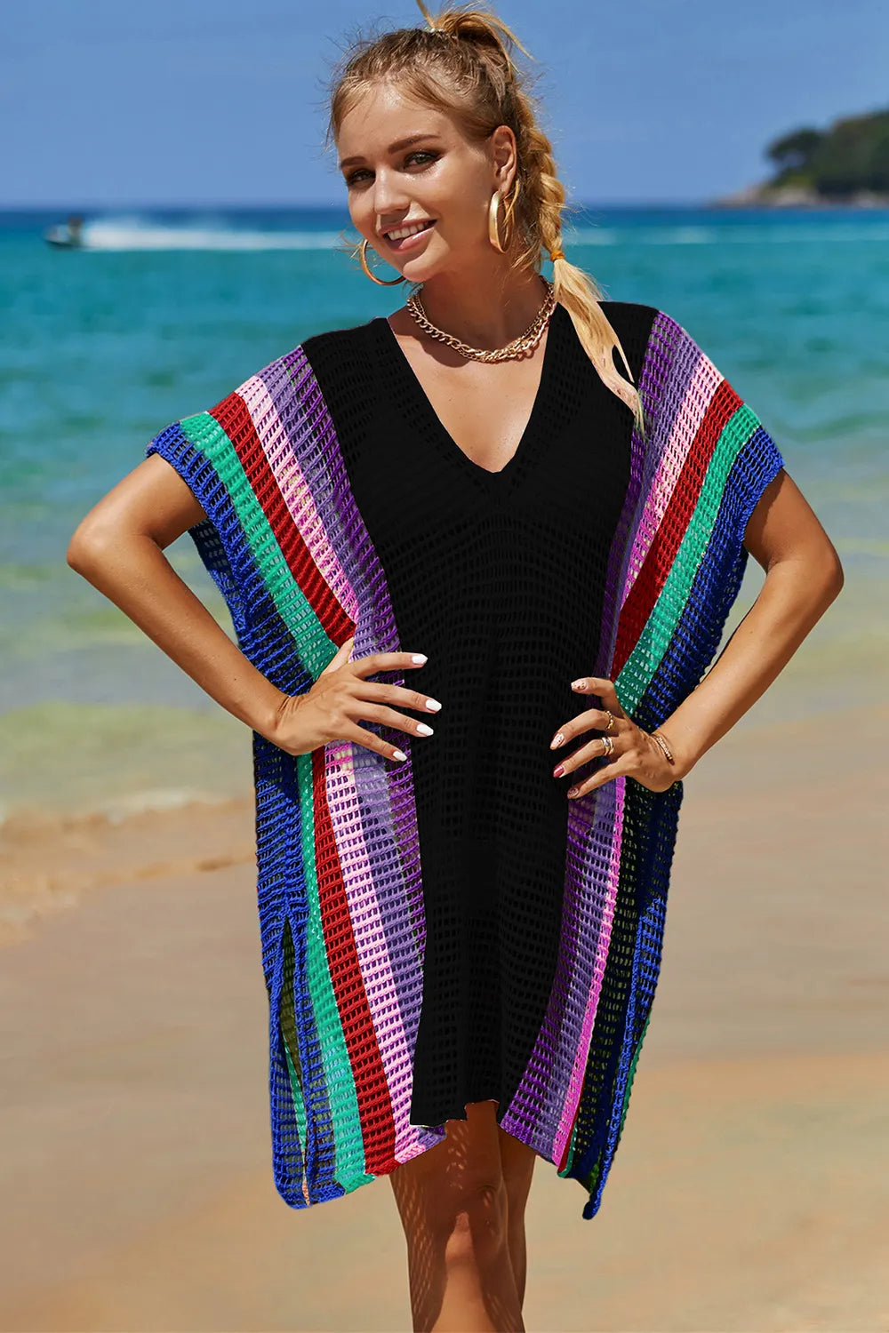 Angel Wings Openwork Striped Slit Knit Cover Up - kinko