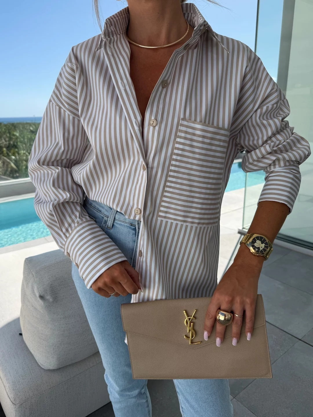 Fashion Casual Button Striped Printed Long Sleeves Shirt - kinko