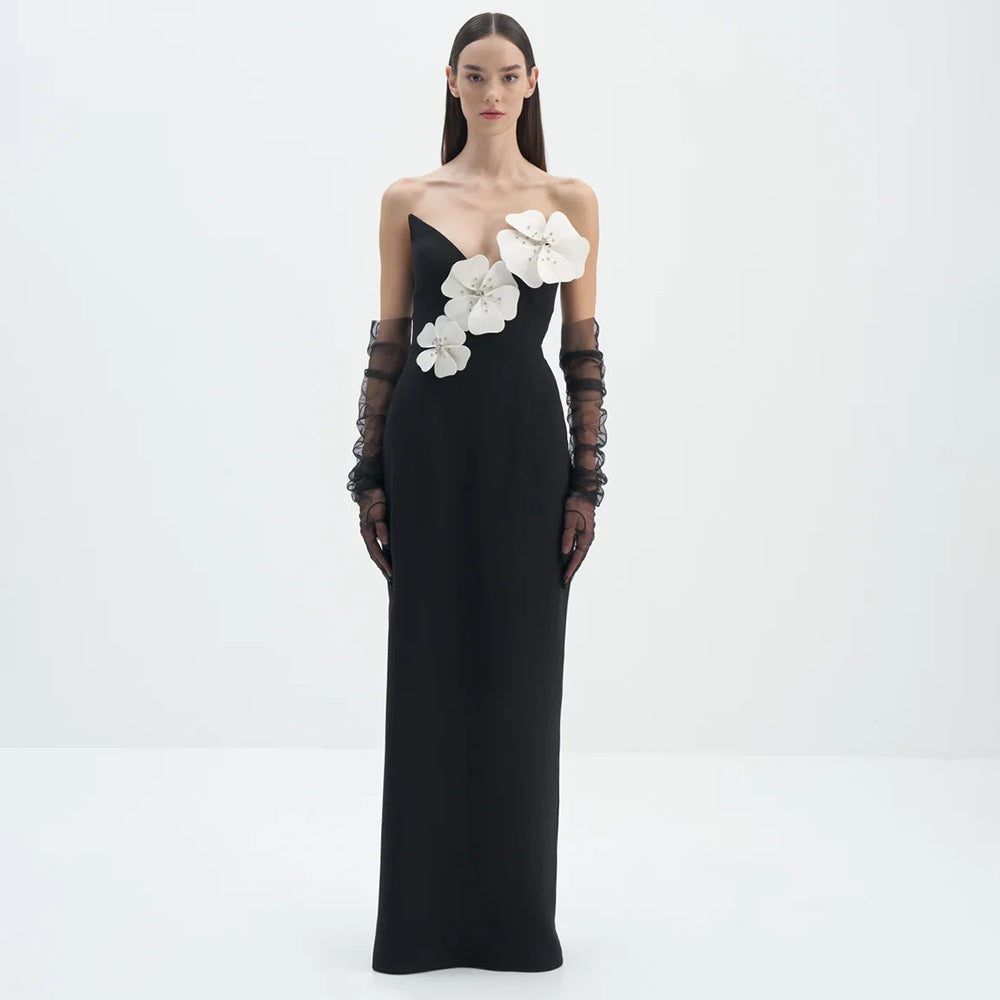 Black Backless Bandage Chest White Exquisite Flower Decorative Dress For Women Dress - kinko