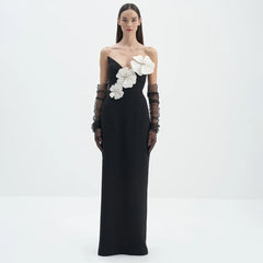 Black Backless Bandage Chest White Exquisite Flower Decorative Dress For Women Dress - kinko