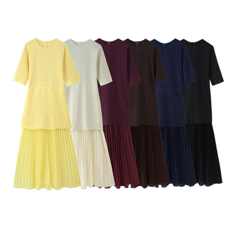 Fashionable Elegant Brown Patchwork Pleated Dress - kinko