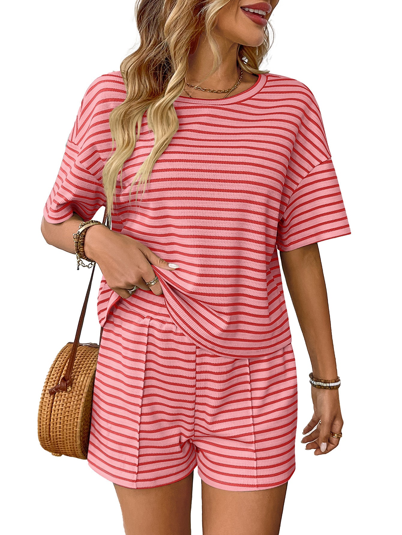 Women's Knitted Striped Fashion Casual Shorts Sports Suit - kinko