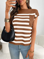 Striped Mock Neck Cap Sleeve Knit Top - kinko