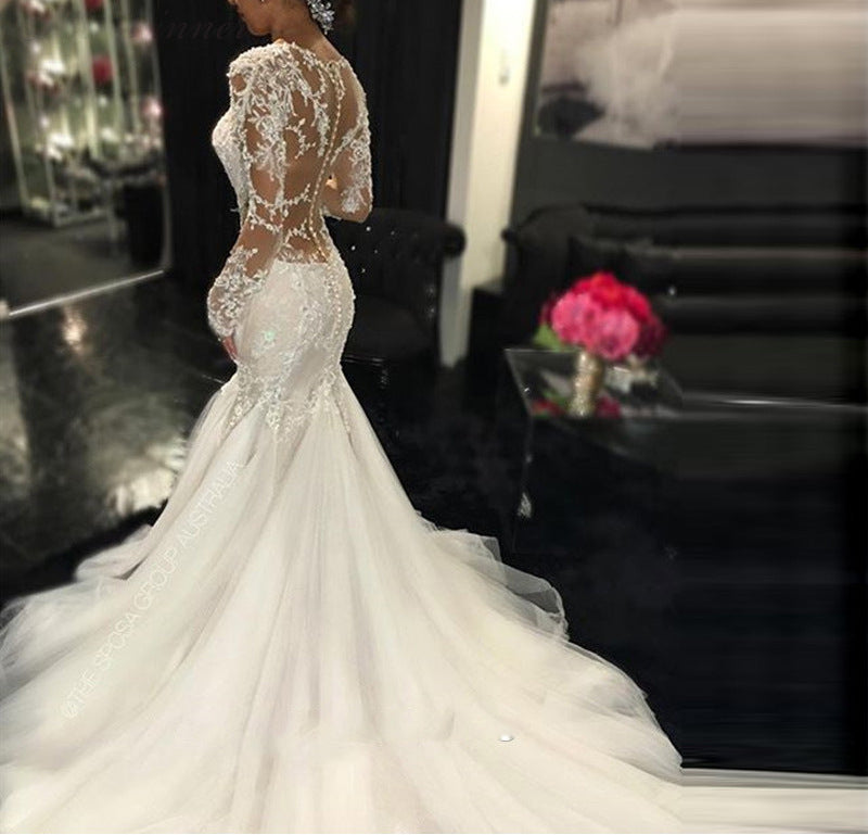 Trailing White Temperament Is Thin And Long Lace Wedding Dress - kinko