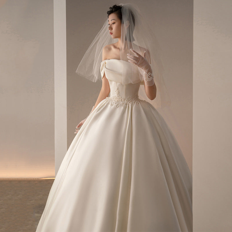 Women's Satin Off-shoulder Retro Fashion Trailing Wedding Dress - kinko