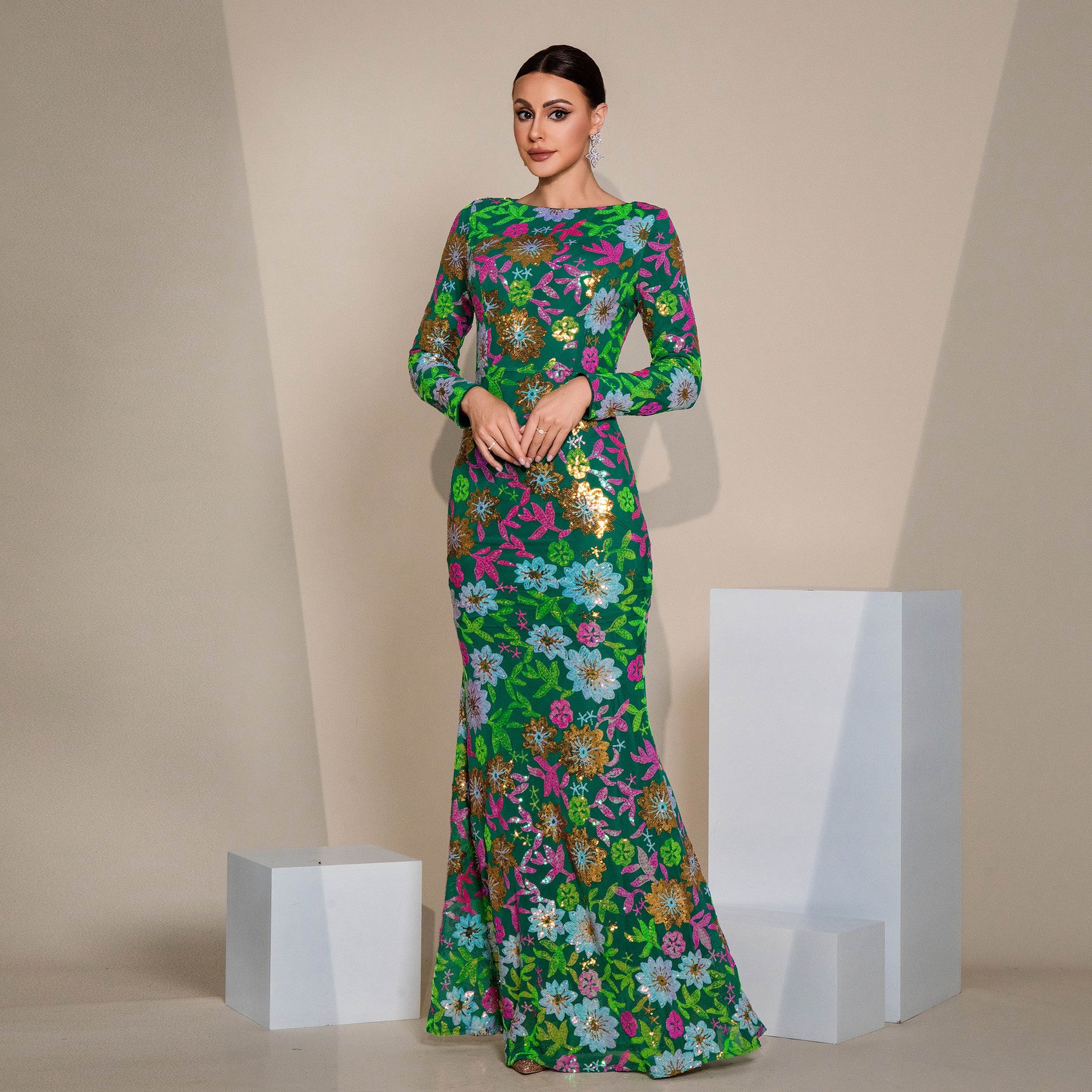 Evening Gown Long Sleeve Temperament Crew Neck Long Sequined Banquet Bridesmaid Dress - kinko
