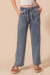 SO ME Mid Rise Drawstring Jeans with Side Snap Button - kinko