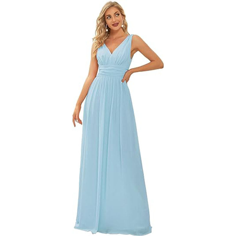 Women's Elegant Graceful Deep V-neck Sleeveless Chiffon Formal Maxi Evening Dress - kinko