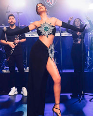 Shiny Rhinestone Tube Top High Slit Skirt Bandage Suit - kinko