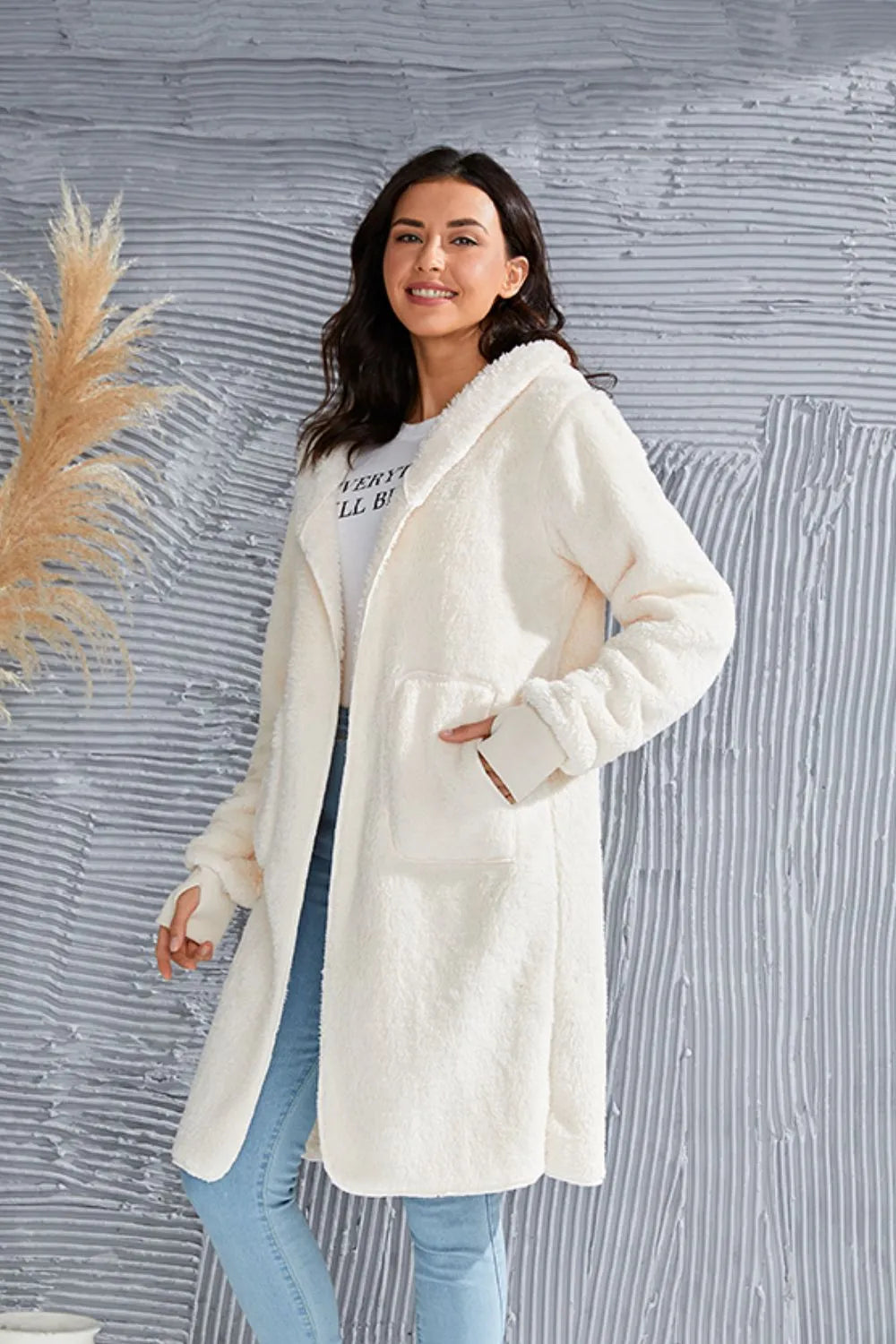 Double Take Full Size Hooded Teddy Bear Jacket with Thumbholes - kinko