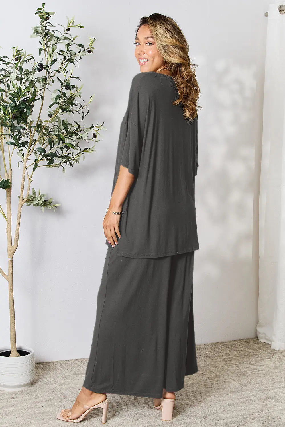 Double Take Full Size Round Neck Slit Top and Pants Set - kinko