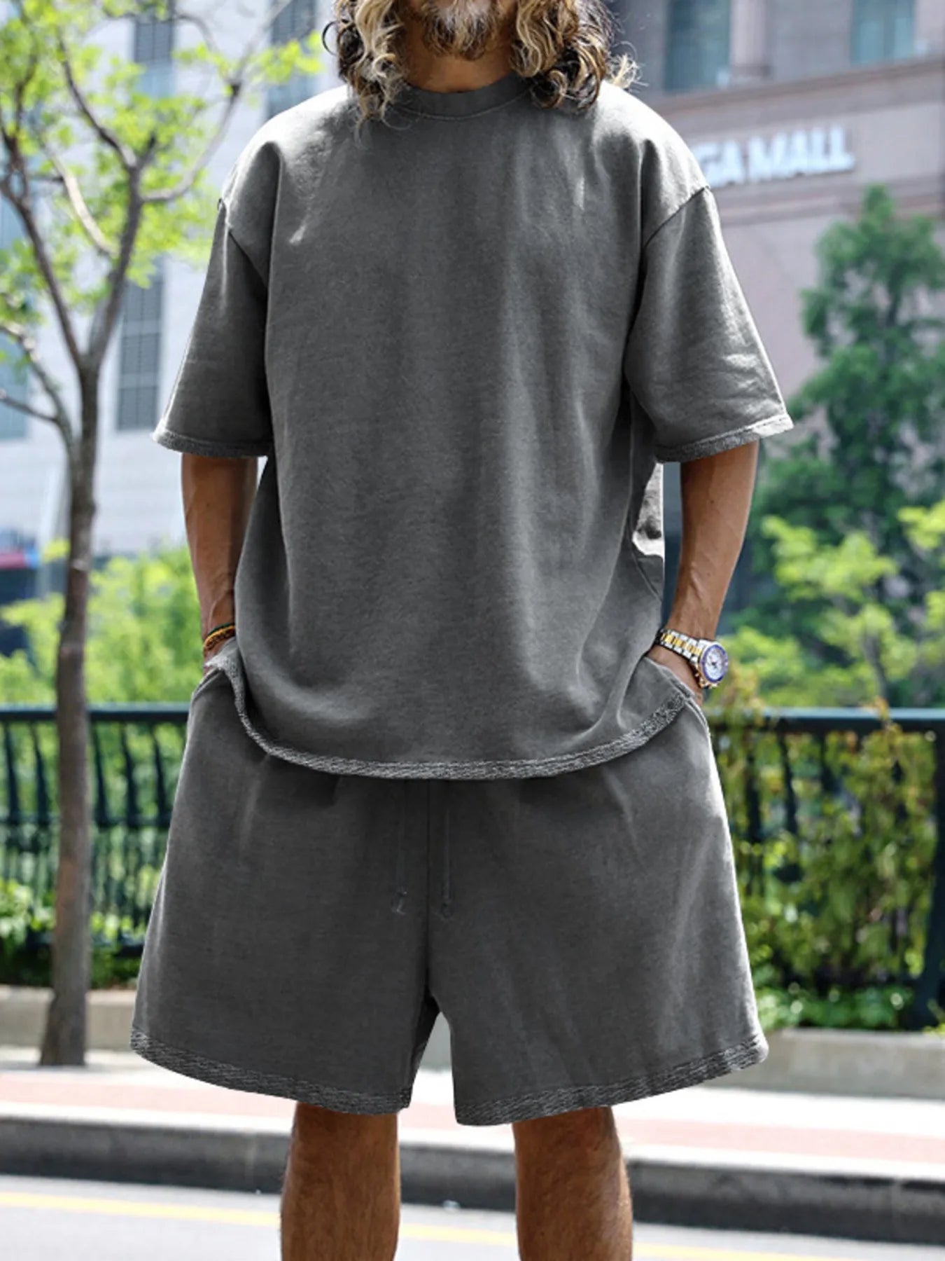 Men's Full Size Round Neck Short Sleeve Top and Shorts Set Plus Size - kinko