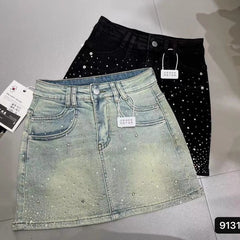 Retro Rhinestone Bright Star River Slim-fit Slimming Denim Skirt - kinko