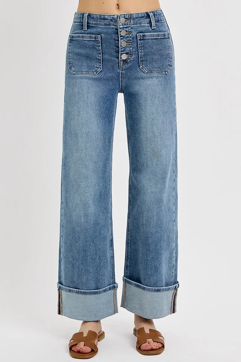 RISEN High Rise Ankle Wide Button Patch Pocket Cuffed Jeans - kinko