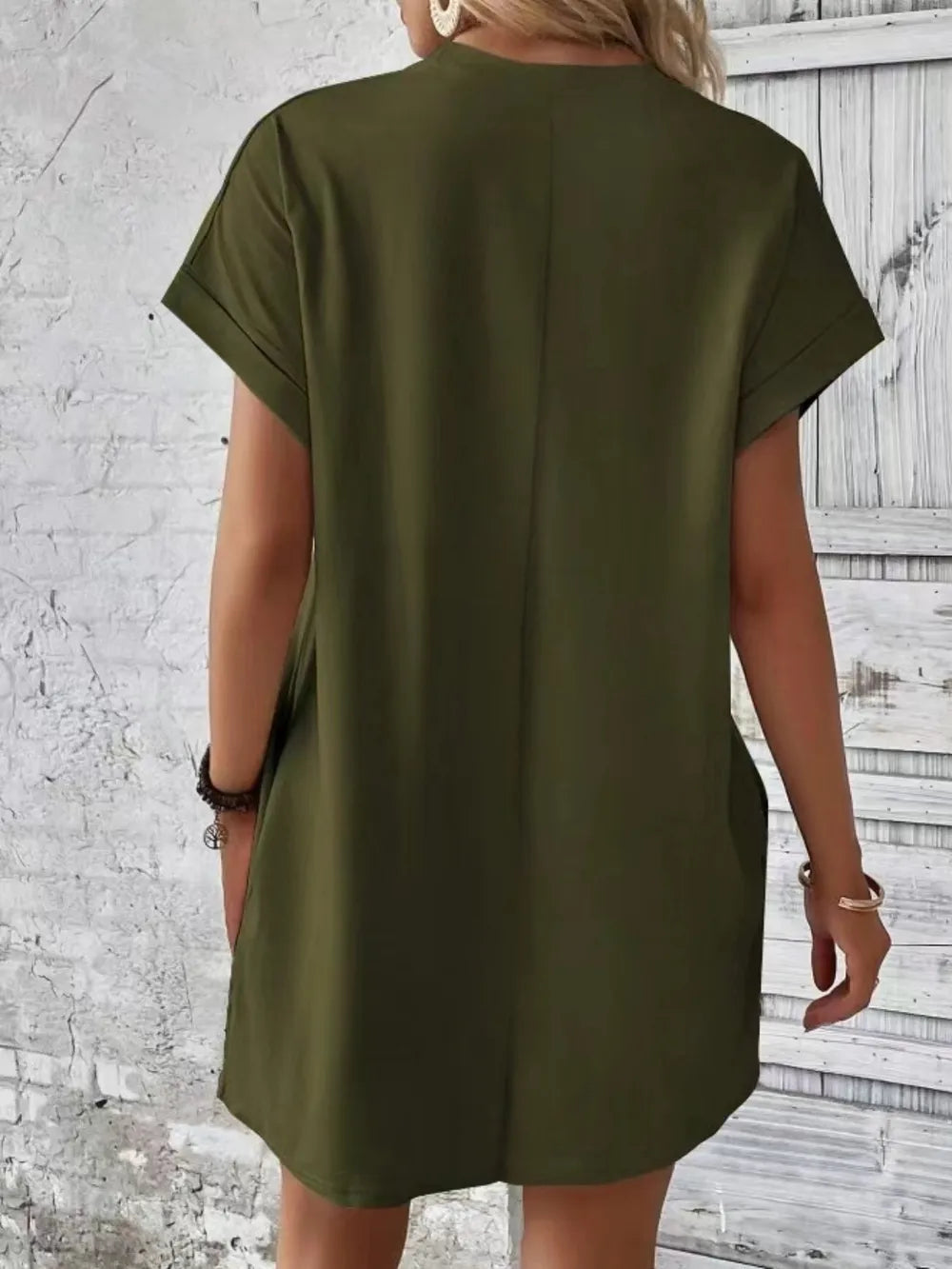 Pocketed Round Neck Short Sleeve Dress - kinko