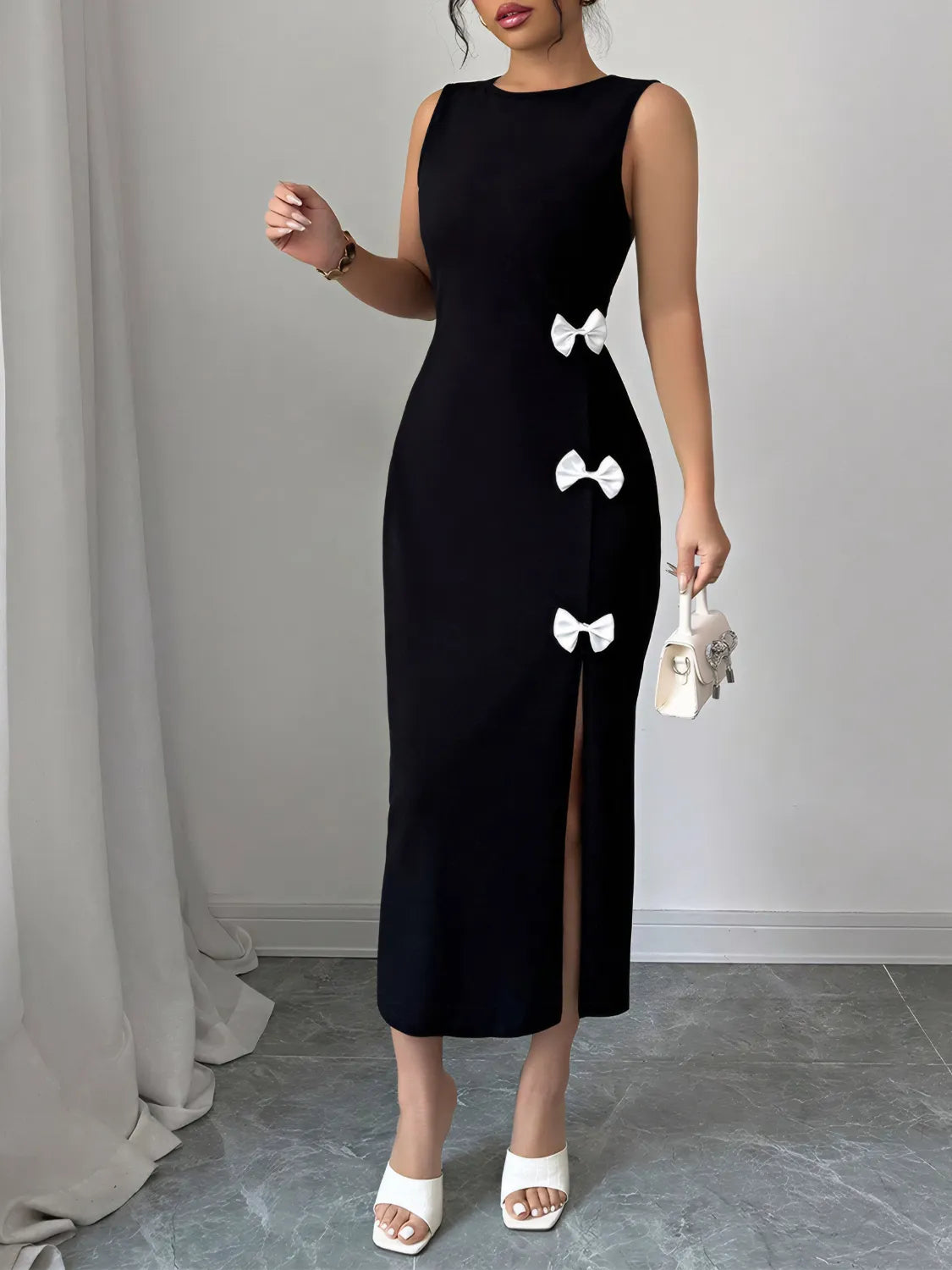 Bow Slit Round Neck Sleeveless Dress - kinko