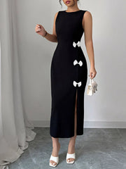 Bow Slit Round Neck Sleeveless Dress - kinko