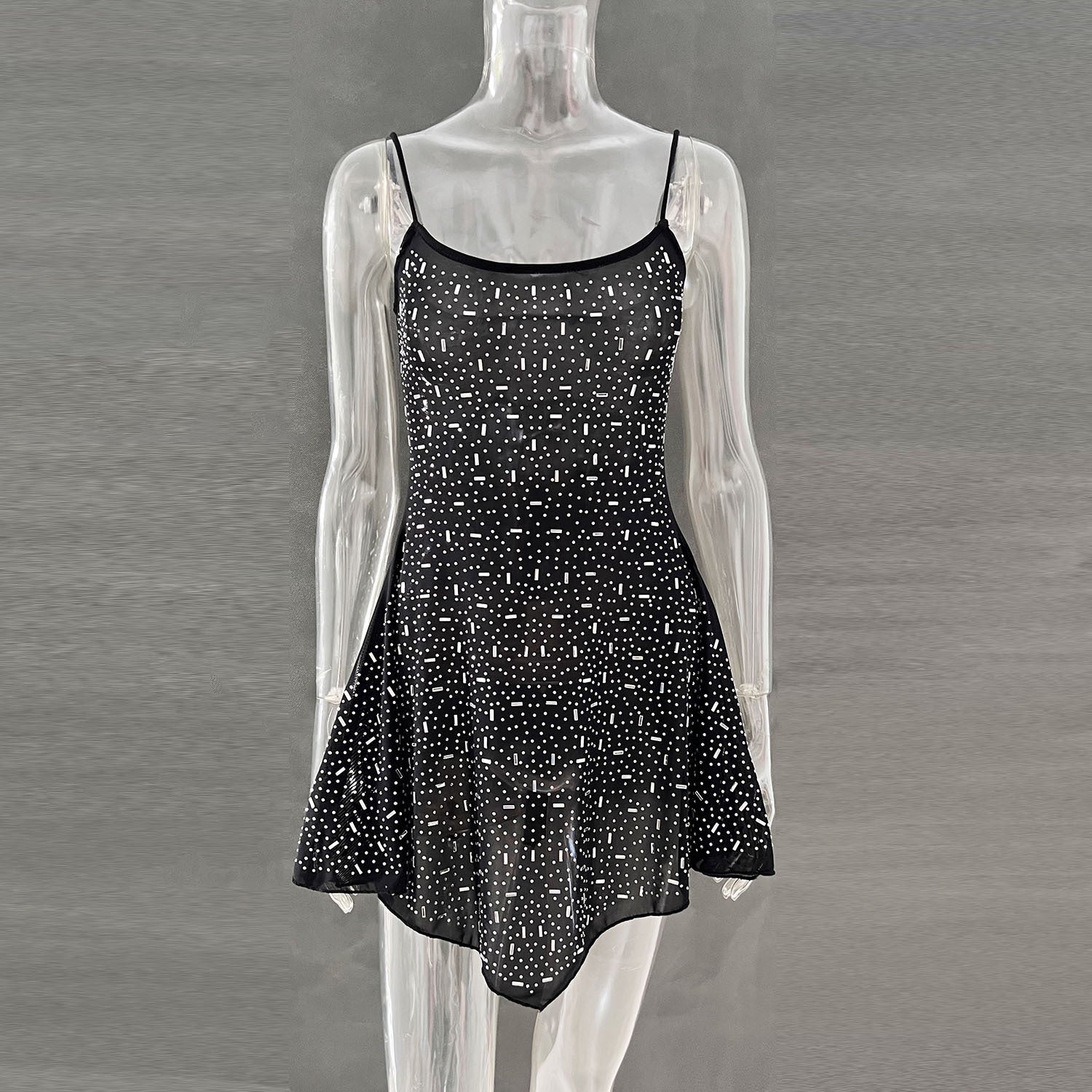 Trendy Rhinestone Sheer Party Dress - Women's Sexy Mini - kinko