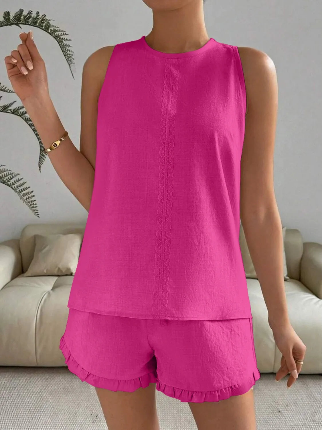 Lace Detail Round Neck Tank and Shorts Set - kinko