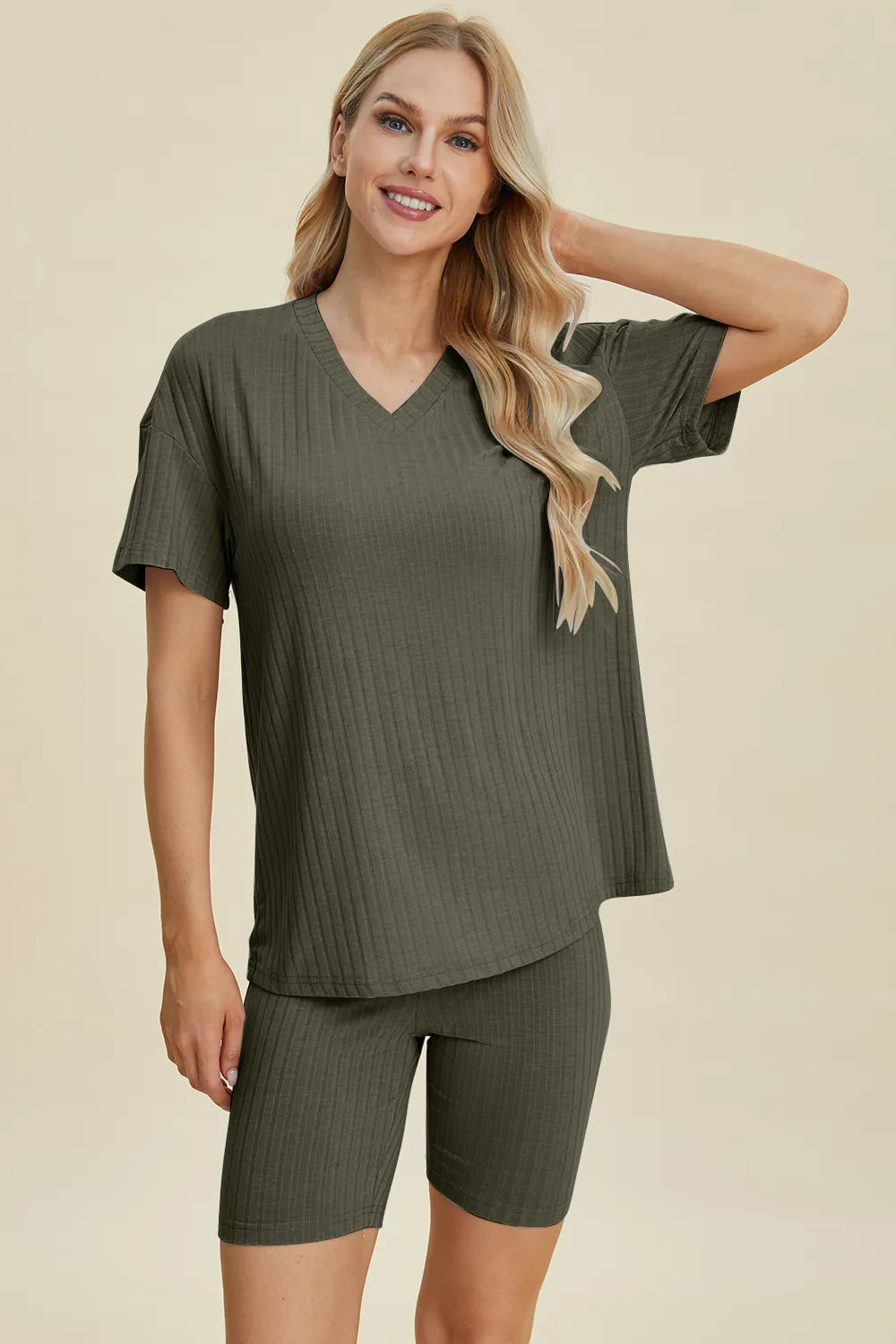 Basic Bae Full Size Ribbed V-Neck Short Sleeve Top and Shorts Set - kinko
