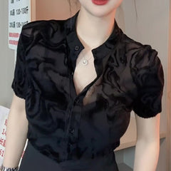 New Summer Black Mesh Short Sleeve Shirt For Women - kinko