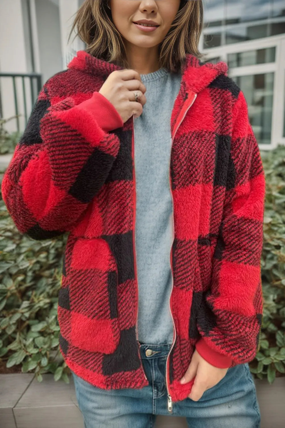 Double Take Full Size Plaid Long Sleeve Hooded Coat - kinko