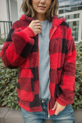 Double Take Full Size Plaid Long Sleeve Hooded Coat - kinko