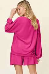 Double Take Full Size Texture V-Neck Long Sleeve T-Shirt and Shorts Set - kinko