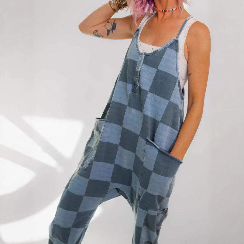Fashion Plaid Colored Mosaic Loose Casual Jumpsuit - kinko