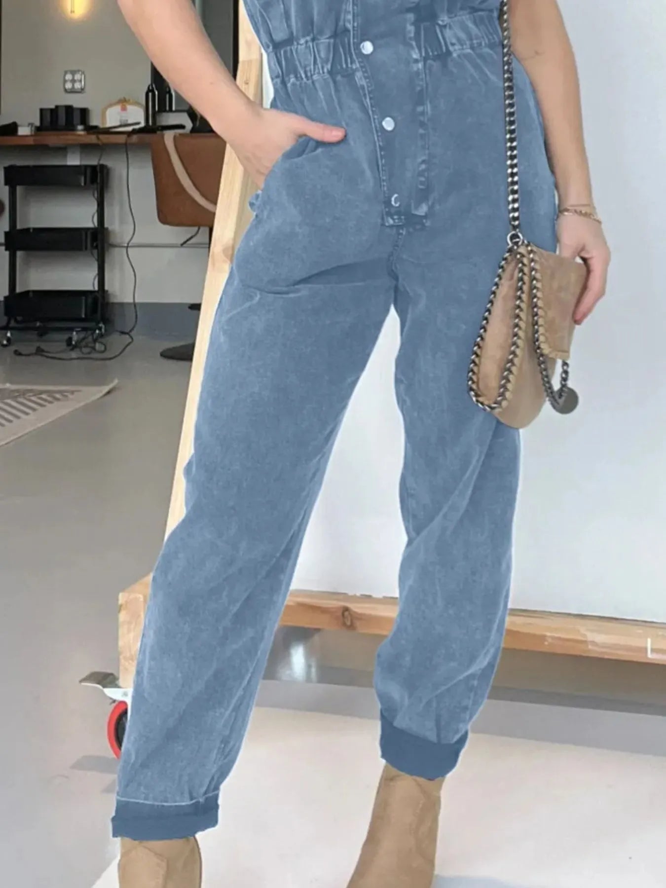 Full Size Button Front Cap Sleeve Denim Jumpsuit Plus Size - kinko