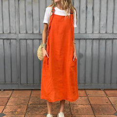 Summer Women's Adjustable Shoulder Strap Casual Cotton And Linen Dress - kinko