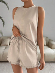 Lace Detail Round Neck Tank and Shorts Set - kinko