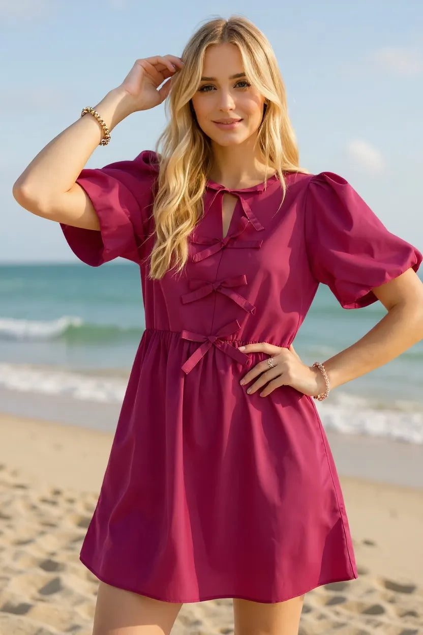 Oh Bow Ruched Puff Sleeve Mini Dress - kinko