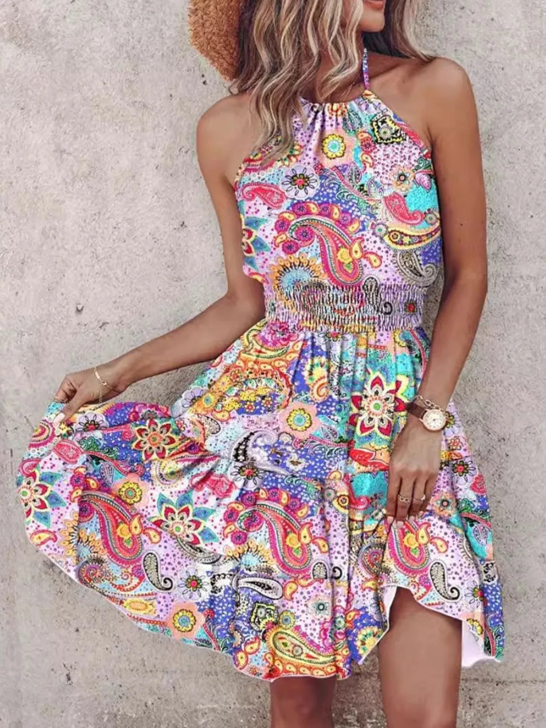 Paisley Print Halter Neck Mini Dress - kinko