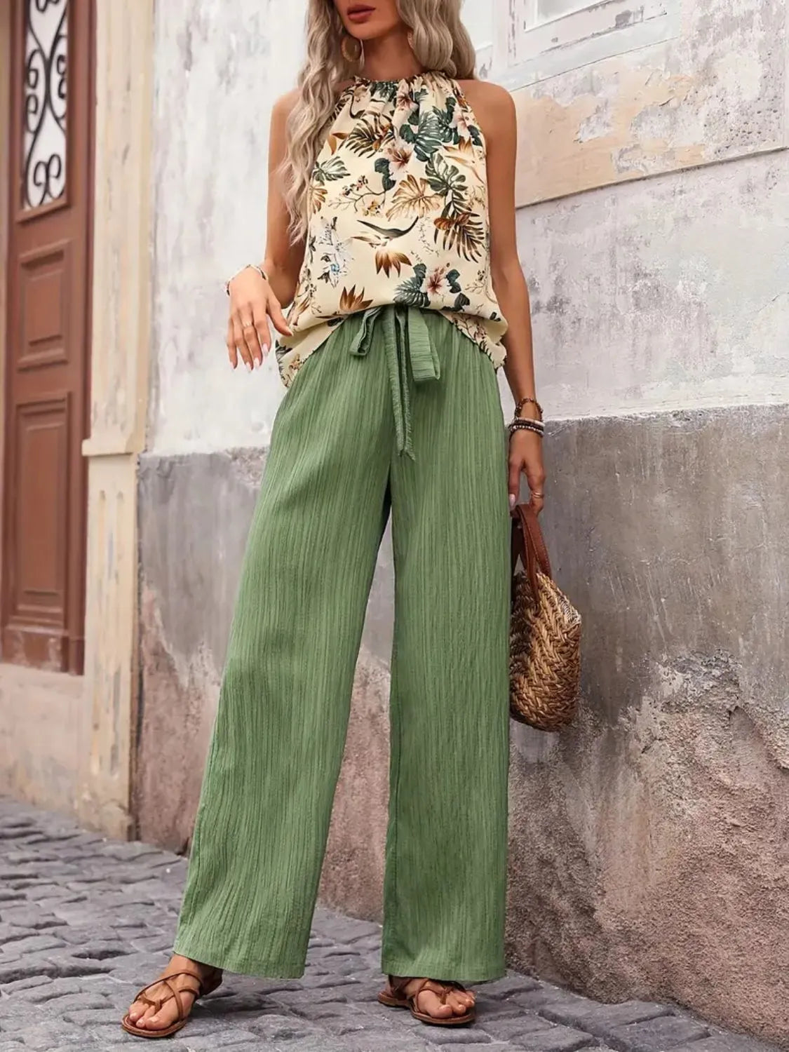 Printed Tank Top and Wide Leg Pants Set - kinko
