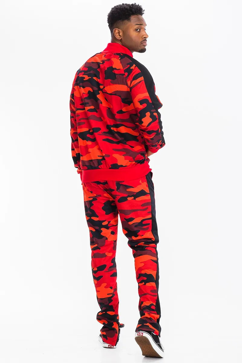 WEIV Men's Full Size Camo Side Stripe Jacket and Pant Set Plus Size - kinko