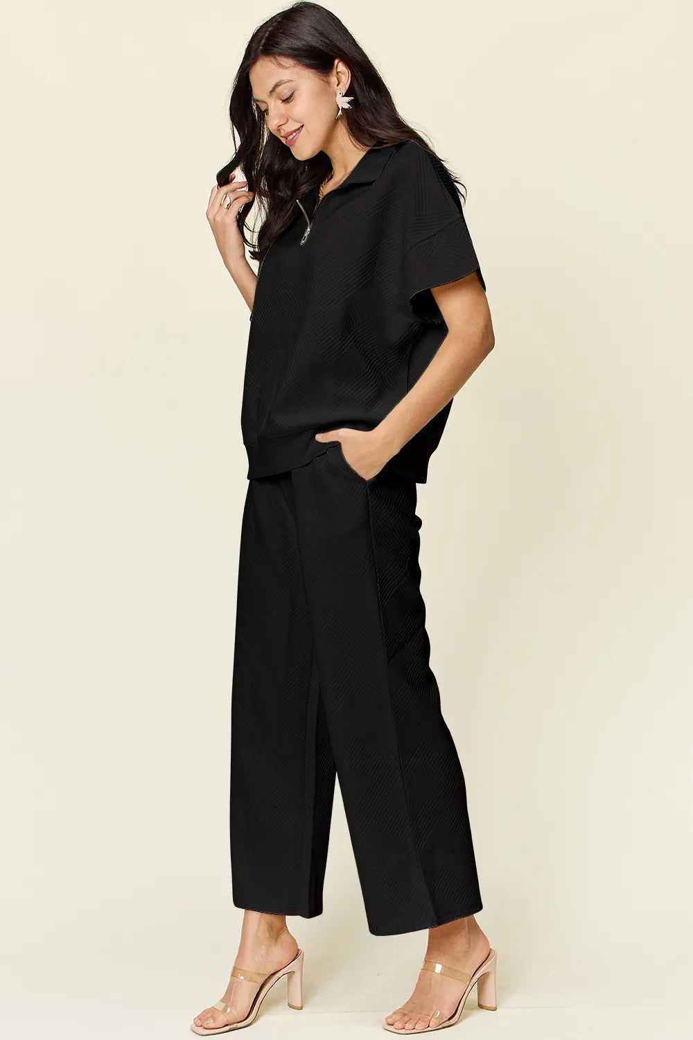 Double Take Full Size Texture Half Zip Short Sleeve Top and Pants Set - kinko