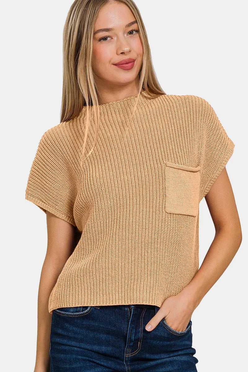 Zenana Mock Neck Short Sleeve Cropped Sweater - kinko