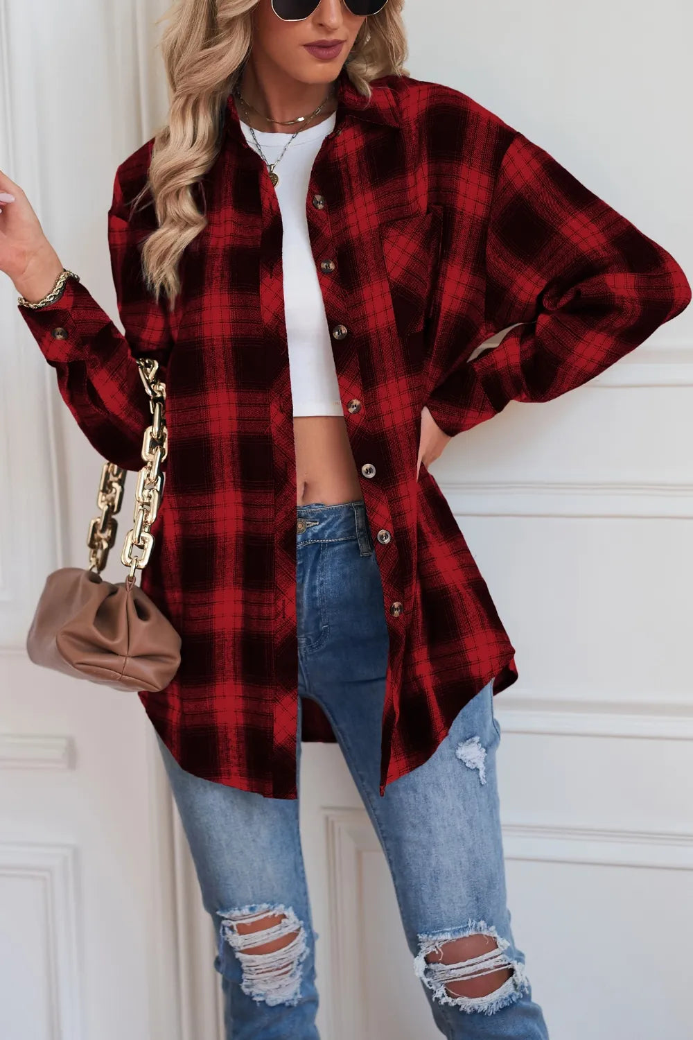 Plaid Button Up Dropped Shoulder Outerwear - kinko