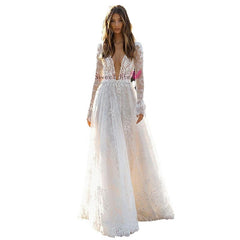 Women's Wedding Dress Lace Long Sleeve Dinner Party Gown - kinko