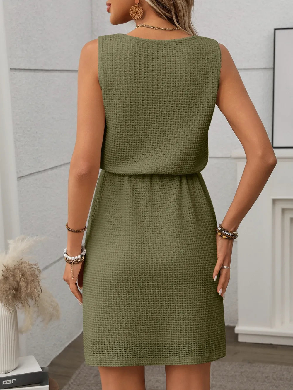 Waffle-Knit Drawstring Mini Tank Dress - kinko