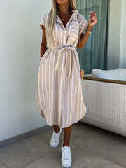 Striped Tie Waist Short Sleeve Dress - kinko