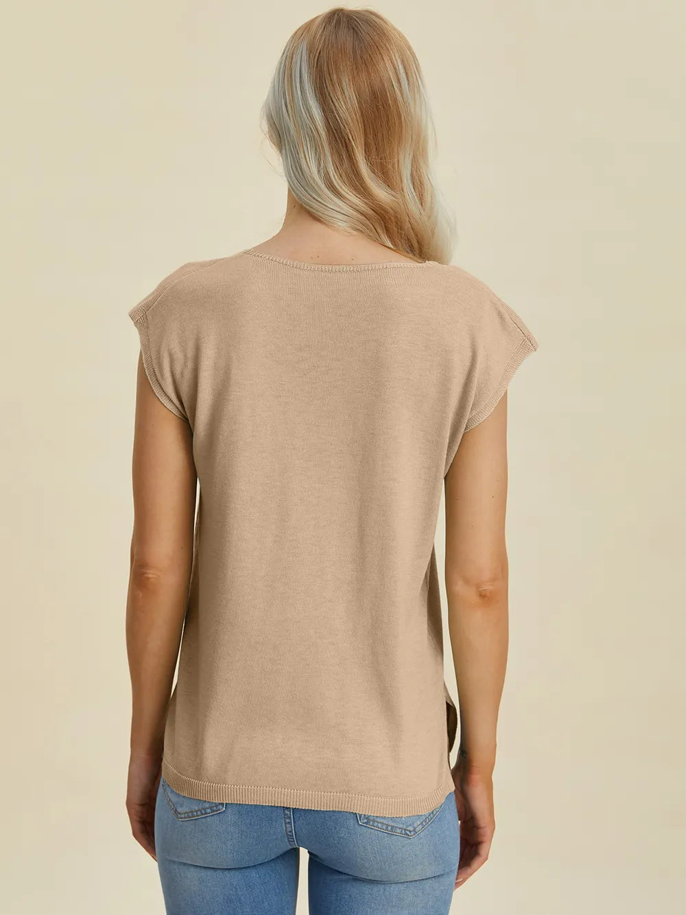 Double Take Full Size Notched Cap Sleeve Knit Top - kinko