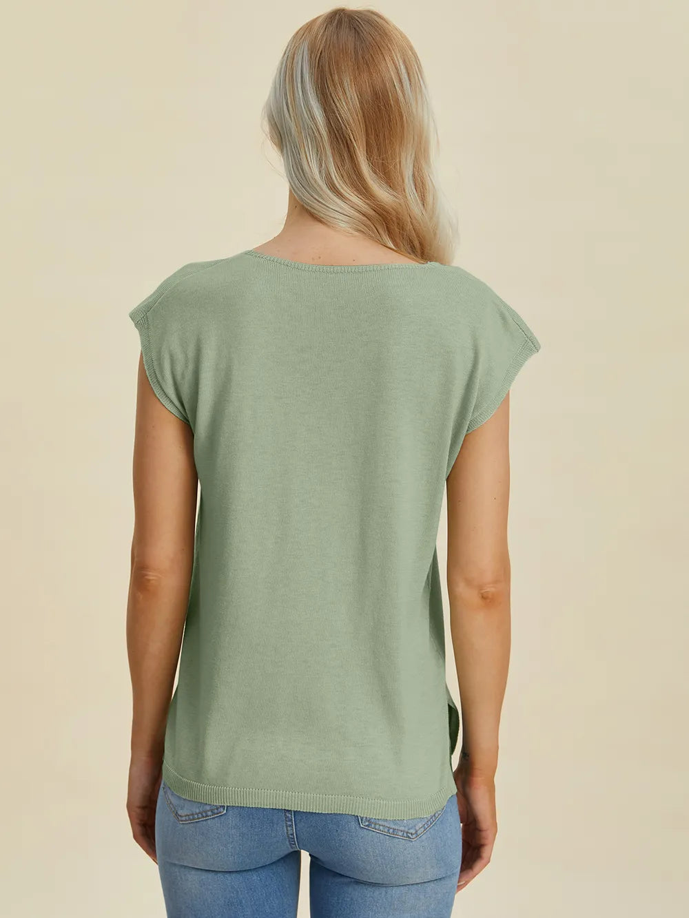 Double Take Full Size Notched Cap Sleeve Knit Top - kinko