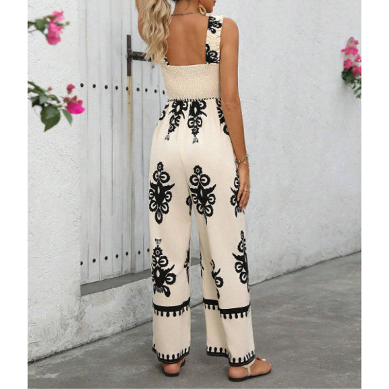 Women's Summer Boho Jumpsuits One Piece Beach Vacation Outfits Shirred Strap Wide Leg Pants Rompers With Pockets - kinko